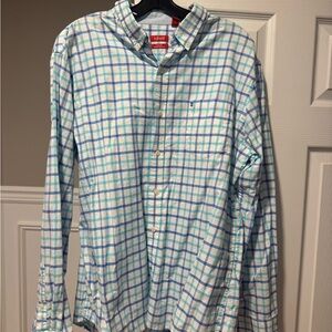 Izod Men's Light Blue and Green Checkered Shirt